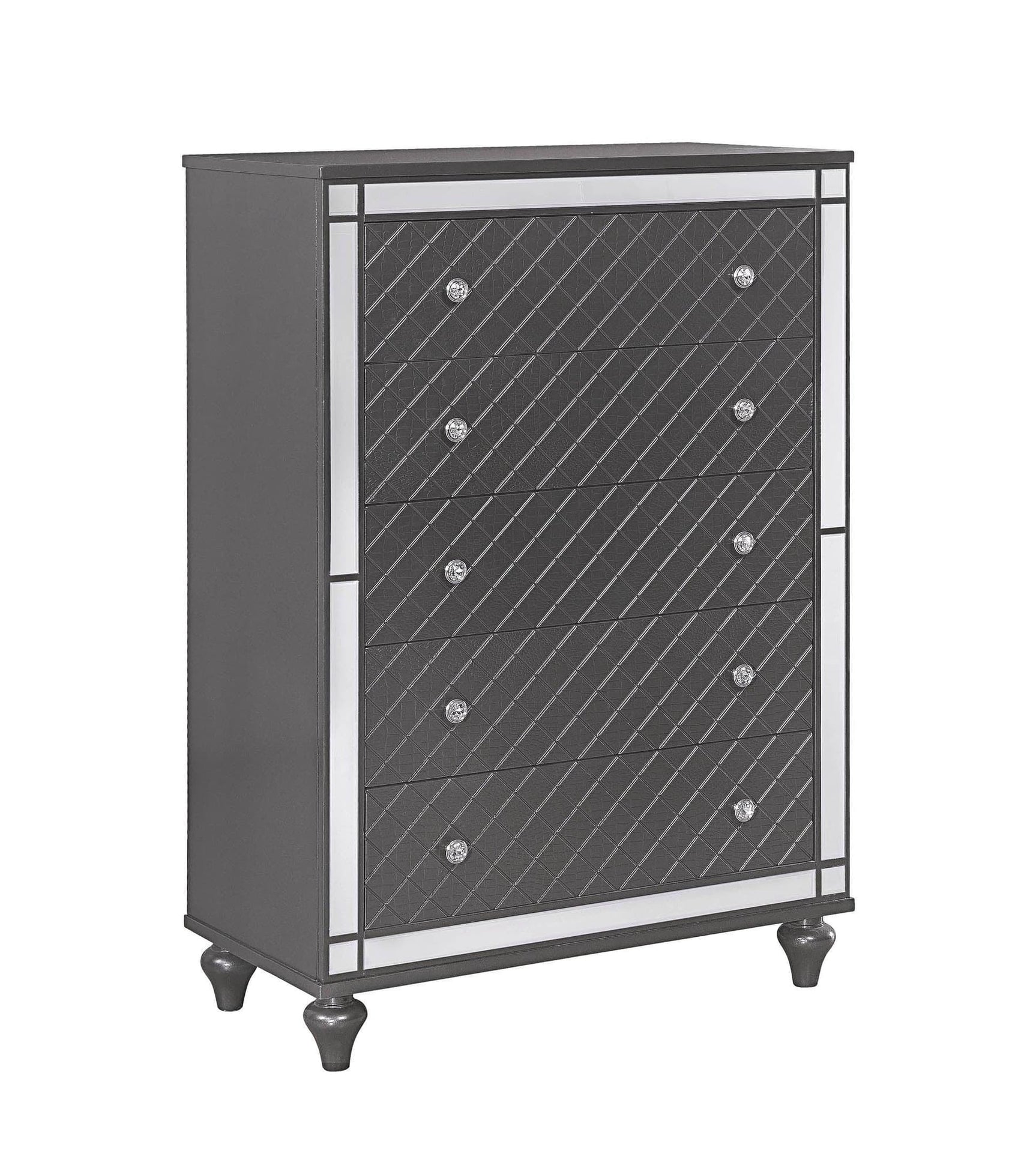 Refino Chest Gray, Contemporary Modern Wood, Nickel Knob 5 Drawers - Ella Furniture