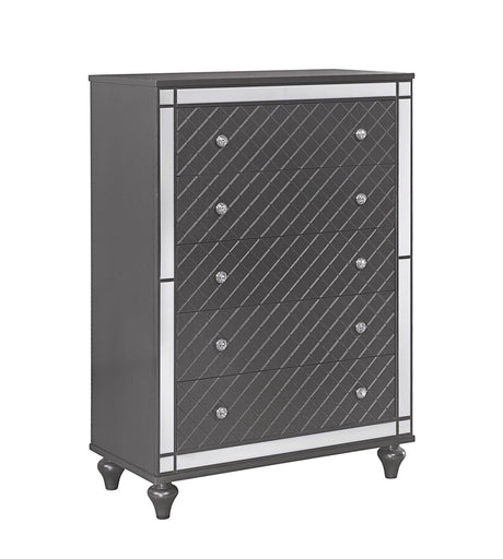 Refino Chest Gray, Contemporary Modern Wood, Nickel Knob 5 Drawers - Ella Furniture