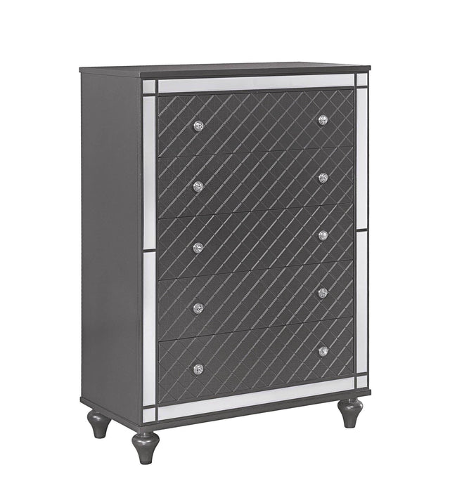 Refino Chest Gray, Contemporary Modern Wood, Nickel Knob 5 Drawers - Ella Furniture