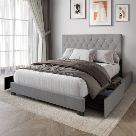 Dooma Gray Velvet Upholstered Tufted Platform King Bed
