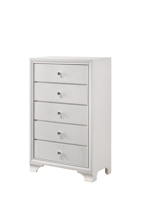 Lyssa Chest Frost, Modern Faux Finish, Nickel Knob 5 Drawers - Ella Furniture
