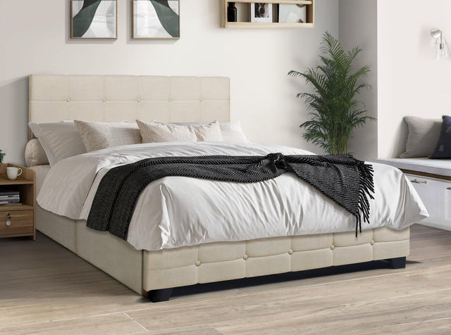 Faddy Beige Upholstered Tufted Platform Queen Bed