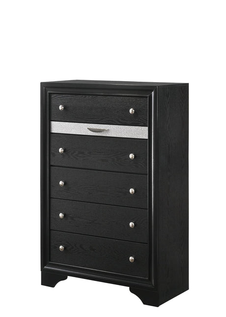 Regata Chest Black/silver, Traditional Modern Wood, Knob 5 Drawers - Ella Furniture