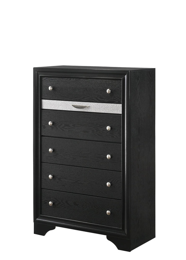 Regata Chest Black/silver, Traditional Modern Wood, Knob 5 Drawers - Ella Furniture