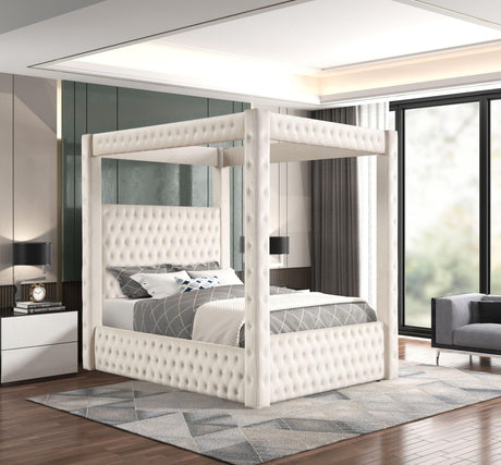 Castle Cream Velvet Upholstered Tufted Platform Queen Bed