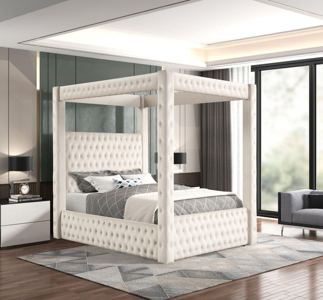 Castle Cream Velvet Upholstered Tufted Platform Queen Bed
