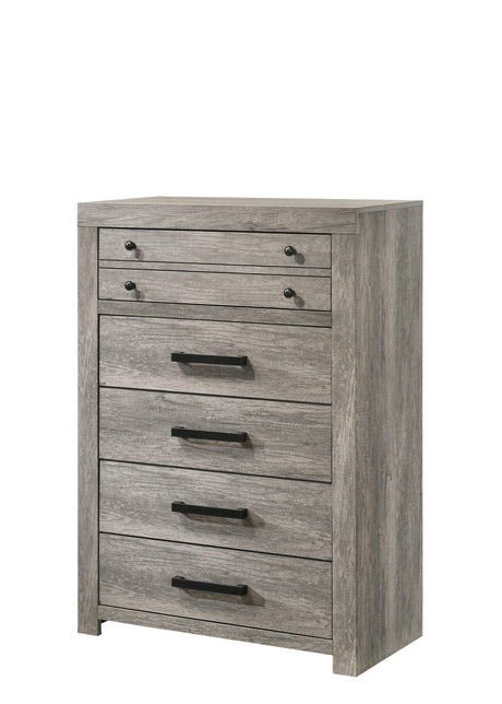 Tundra Chest Gray, Contemporary Sleek And Modern Wood, Metal Nickel Knob 5 Drawers - Ella Furniture