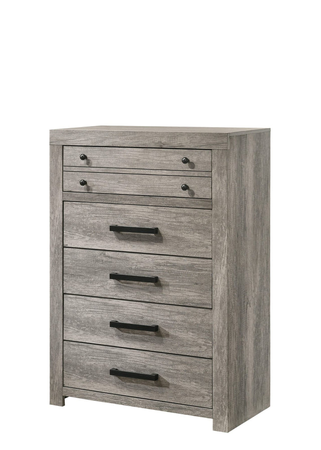 Tundra Chest Gray, Contemporary Sleek And Modern Wood, Metal Nickel Knob 5 Drawers - Ella Furniture