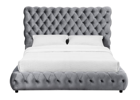 Flory Gray Modern Transitional Upholstered Velvet Tufted King Platform Bed - Ella Furniture