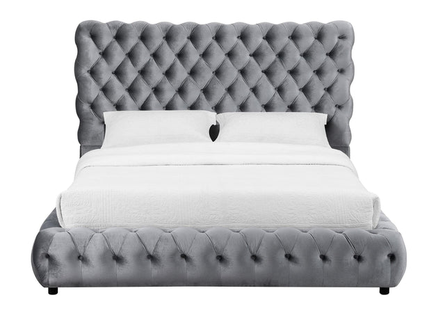 Flory Gray Modern Transitional Upholstered Velvet Tufted King Platform Bed - Ella Furniture