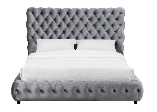 Flory Gray Modern Transitional Upholstered Velvet Tufted Queen Platform Bed - Ella Furniture