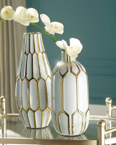 Mohsen Gold Finish/white Vase (Set Of 2) - Ella Furniture