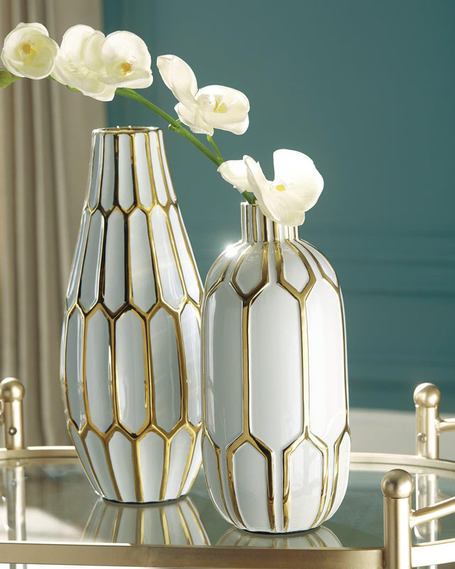 Mohsen Gold Finish/white Vase (Set Of 2) - Ella Furniture
