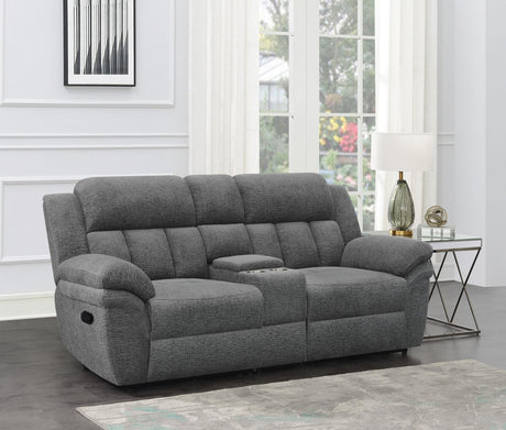Bahrain Upholstered Motion Loveseat Charcoal 609542 - Ella Furniture