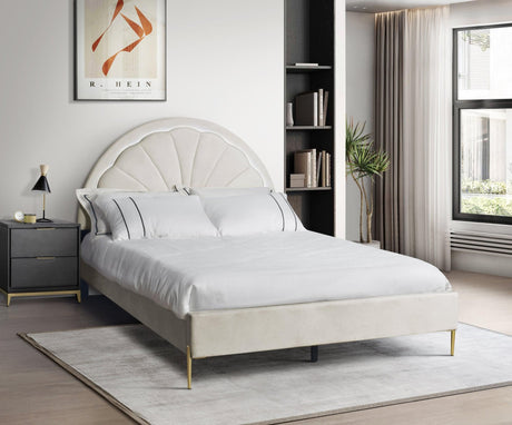 Flora Beige Modern Contemporary Solid Wood And Metal Velvet Upholstered LED Platform Queen Bed - Ella Furniture