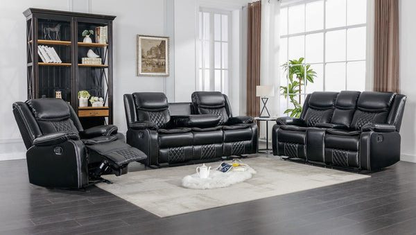 Weston Black Modern Contemporary Solid Wood Faux Leather 3Pc Reclining Living Room Set - Ella Furniture