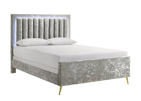 Glisten Gray Modern Contemporary Plywood Velvet Upholstered Panel LED King Bed - Ella Furniture