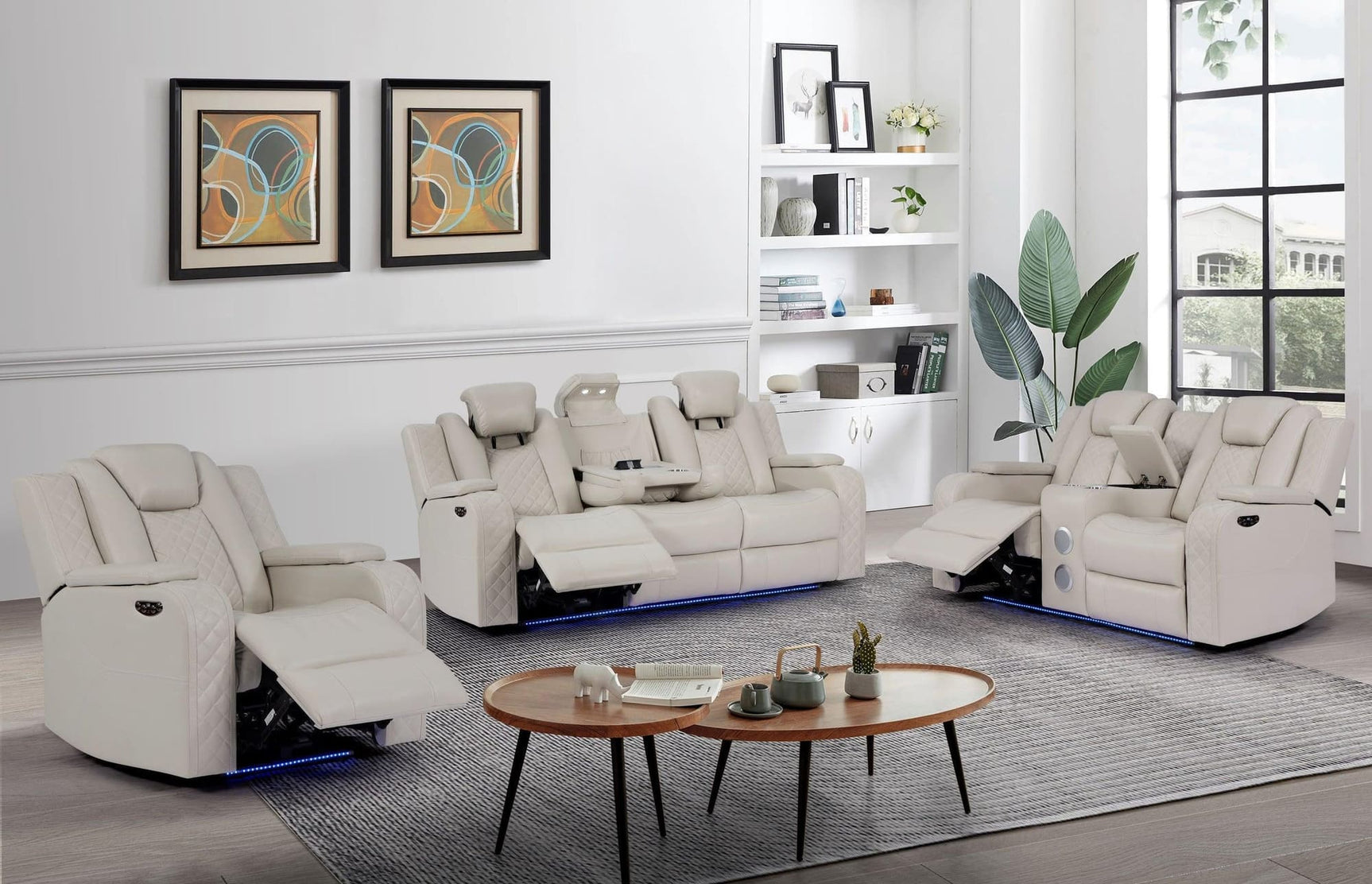 Galaxy Sand Modern Contemporary Faux Leather Metal LED Power Reclining Set - Ella Furniture