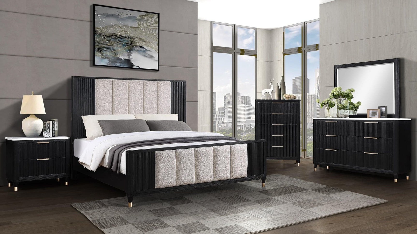 Kara Gray/Stone Modern Contemporary Solid Wood And Veneers Fabric Upholstered Bedroom Set - Ella Furniture