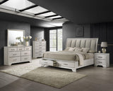Jaymes White Fabric Upholstered Storage Platform Sleigh Bedroom Set