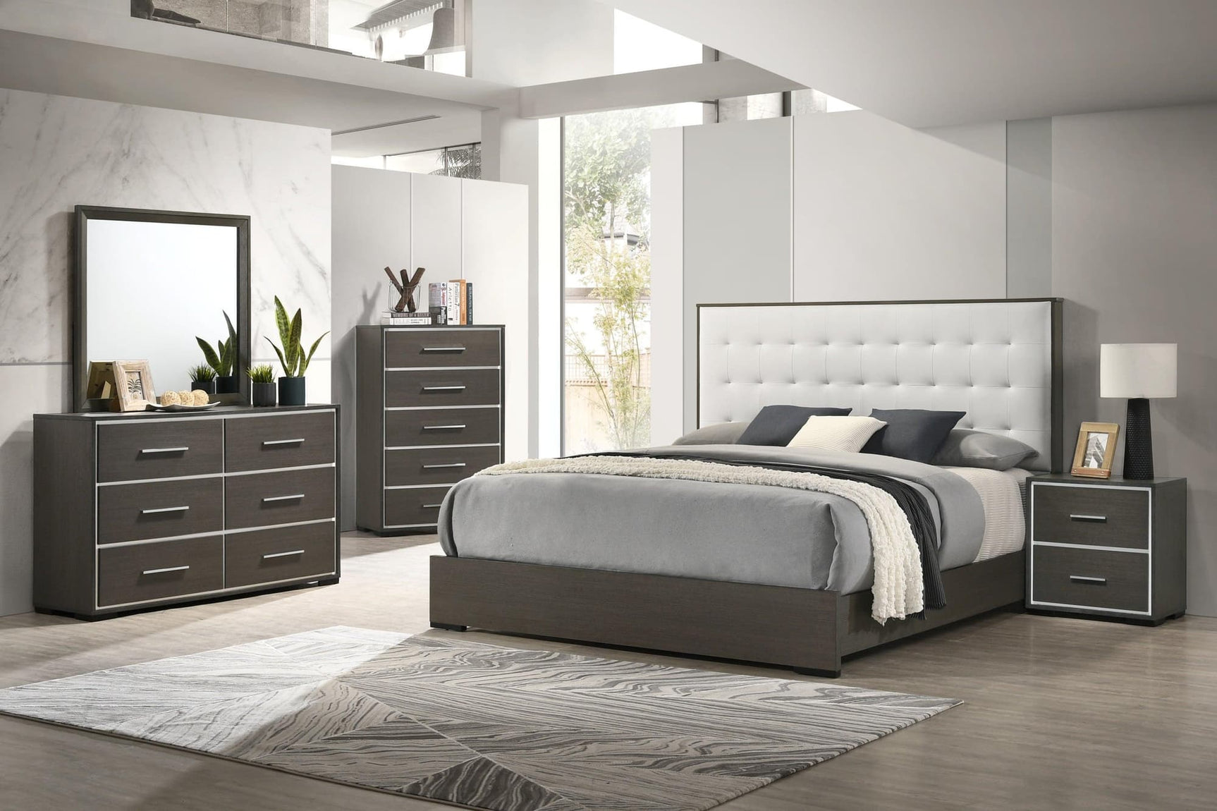 Sharpe Gray/White Modern Solid Wood And Veneers Fabric Upholstered Tufted Bedroom Set - Ella Furniture