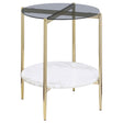 Jonelle Round Glass Top End Table White Marble Shelf Gold 710337 - Ella Furniture