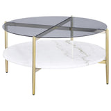Jonelle Round Glass Top Coffee Table White Marble Shelf Gold 710338 - Ella Furniture