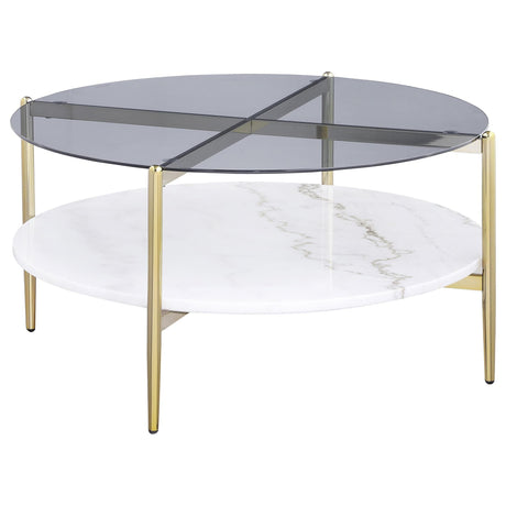 Jonelle Round Glass Top Coffee Table White Marble Shelf Gold 710338 - Ella Furniture