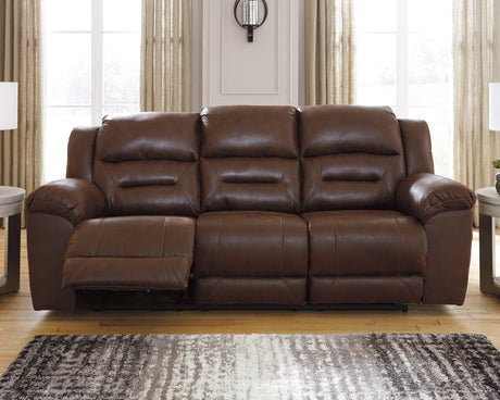 Stoneland Chocolate Faux Leather Power Reclining Sofa - Ella Furniture