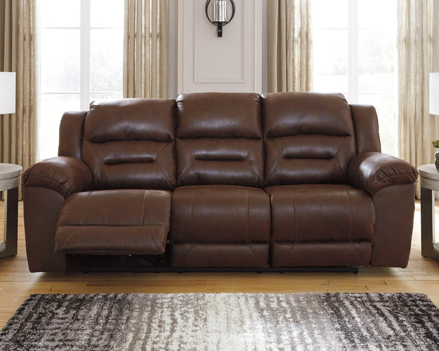 Stoneland Chocolate Faux Leather Power Reclining Sofa - Ella Furniture