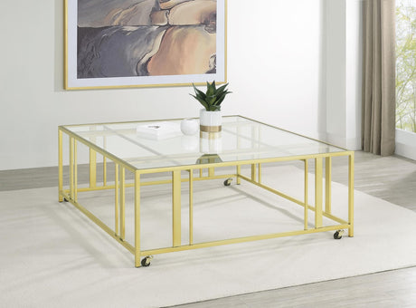 ADRI Adri Square Glass Top Coffee Table with Casters Matte Brass 710188 - Ella Furniture