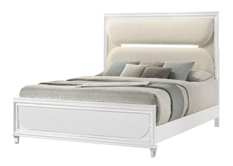 Eden White Modern Contemporary Solid Wood Velvet Upholstered LED Queen Bed - Ella Furniture