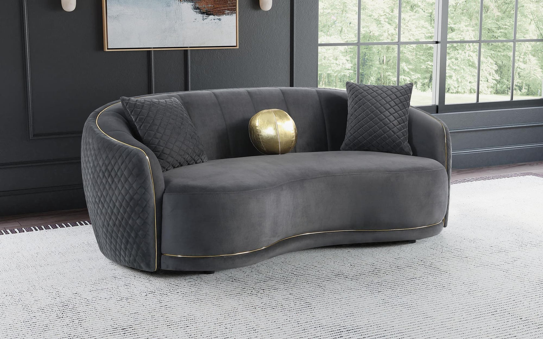 Brookside Velvet Upholstered Curved Sofa Dark Grey 504844 - Ella Furniture