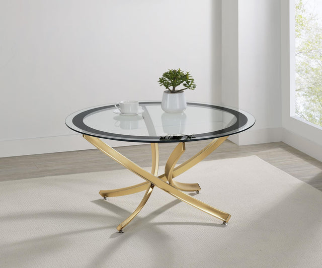 BROOKE Brooke Round Glass Top Coffee Table Metal Base Brass 707888 - Ella Furniture