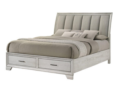 Jaymes White Fabric Upholstered Storage Platform Sleigh Queen Bed