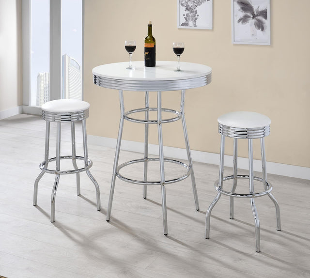 RETRO CHROME Retro 3-piece Round 1950s Bistro Pub Bar Table Set White 2300-S3 - Ella Furniture