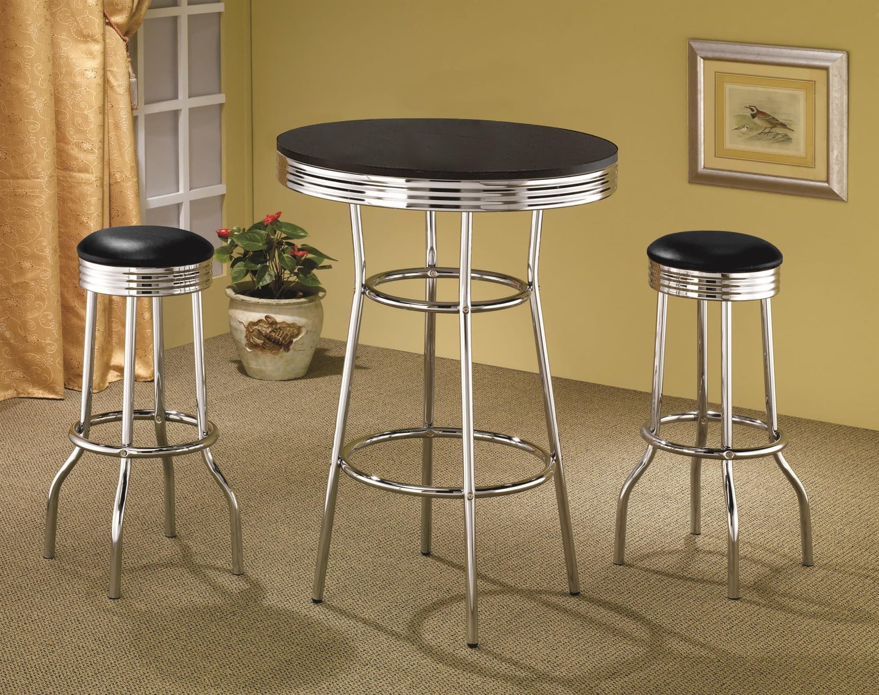 RETRO CHROME Retro 3-piece Round 1950s Bistro Pub Bar Table Set Black 2405-S3 - Ella Furniture