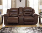 Stoneland Chocolate Faux Leather Power Reclining Loveseat With Console - Ella Furniture