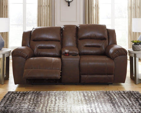 Stoneland Chocolate Faux Leather Power Reclining Loveseat With Console - Ella Furniture
