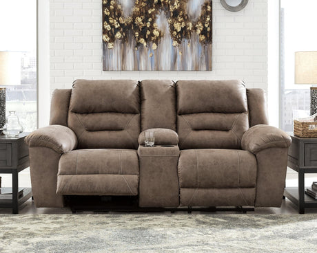 Stoneland Fossil Faux Leather Power Reclining Loveseat With Console - Ella Furniture