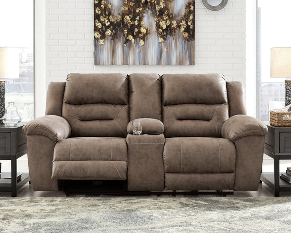 Stoneland Fossil Faux Leather Power Reclining Loveseat With Console - Ella Furniture