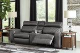 Samperstone Gray Faux Leather 3-Piece Power Reclining Sectional - Ella Furniture