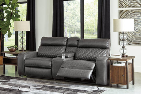 Samperstone Gray Faux Leather 3-Piece Power Reclining Sectional - Ella Furniture