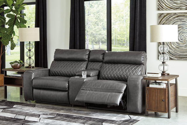 Samperstone Gray Faux Leather 3-Piece Power Reclining Sectional - Ella Furniture