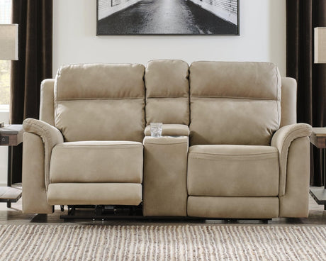 Next-gen Durapella Sand Microfiber Power Reclining Loveseat With Console - Ella Furniture