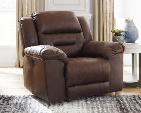 Stoneland Chocolate Faux Leather Power Recliner - Ella Furniture