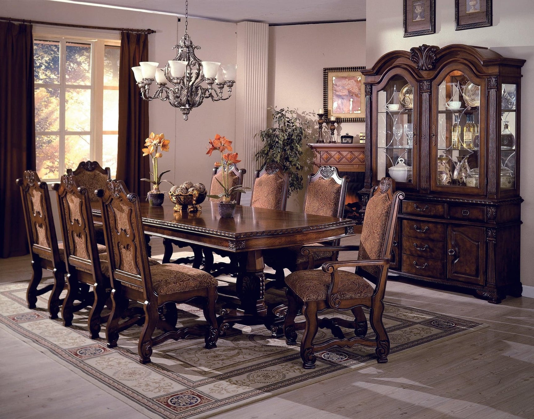 Neo Renaissance Brown Traditional Wood Veneers And Solids Formal Extendable Dining Room Set - Ella Furniture