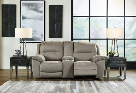 Next-gen Gaucho Putty Microfiber Reclining Loveseat With Console - Ella Furniture