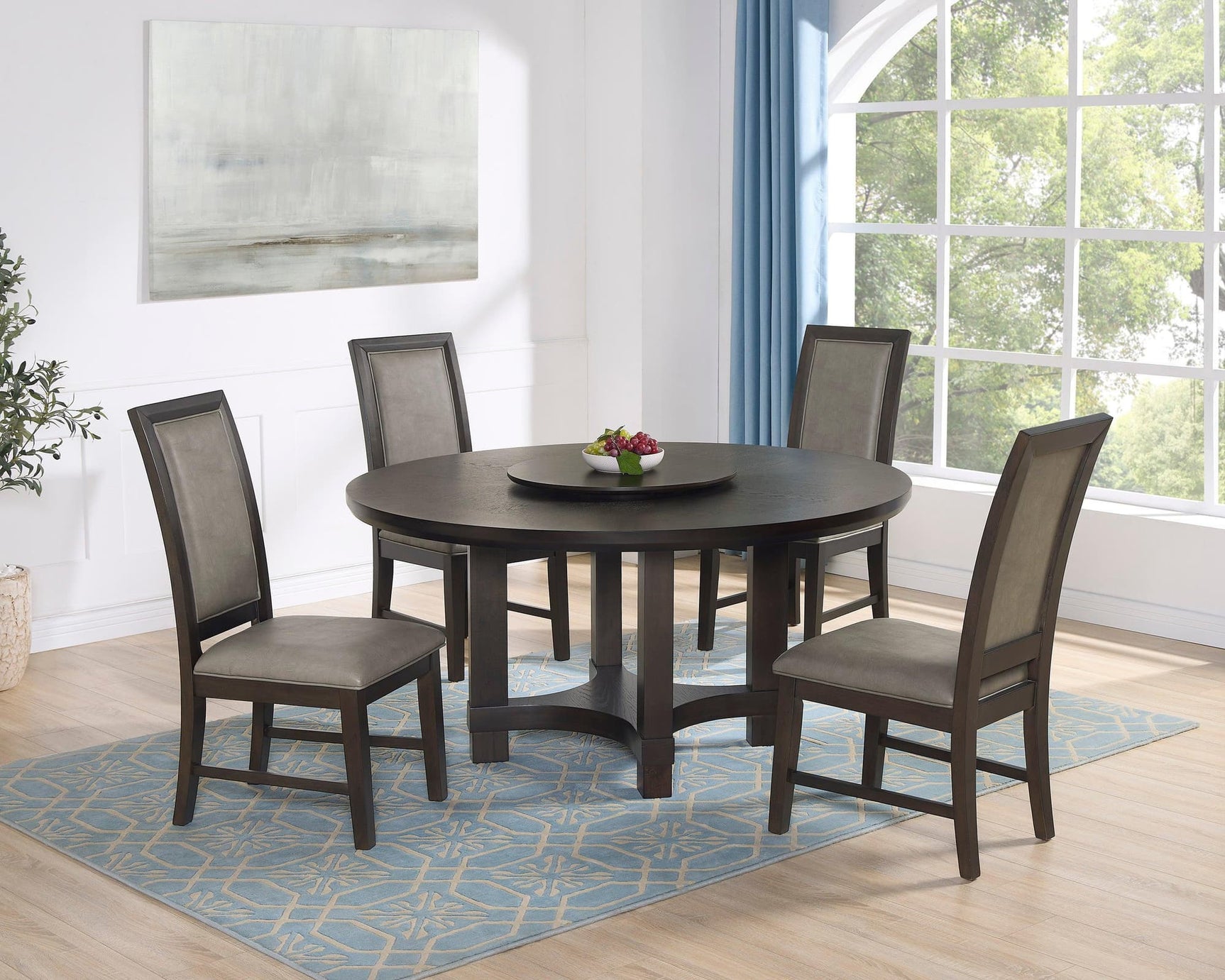 Jeffries Dark Brown Modern Solid Wood And Veneers Faux Leather Round Dining Room Set - Ella Furniture
