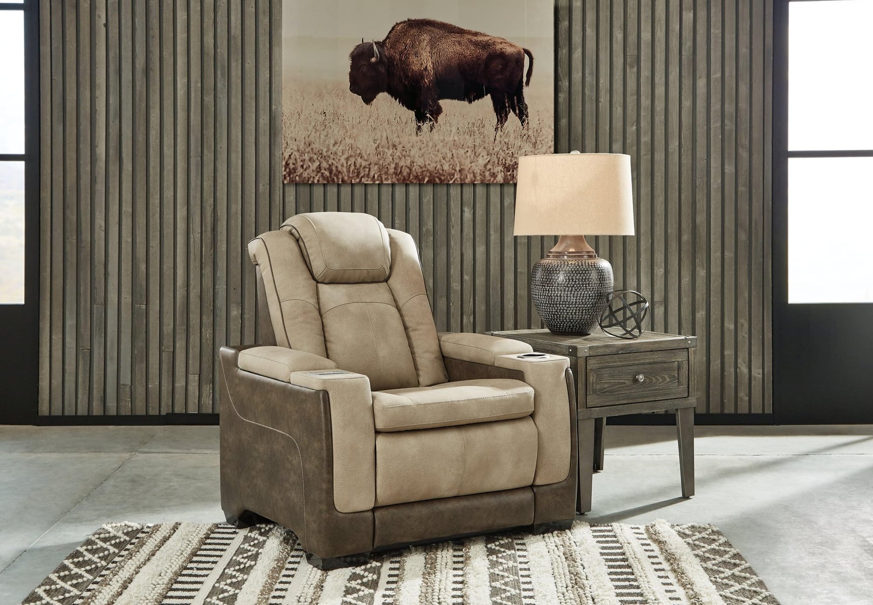 Next-gen Durapella Sand Faux Leather Power Recliner - Ella Furniture